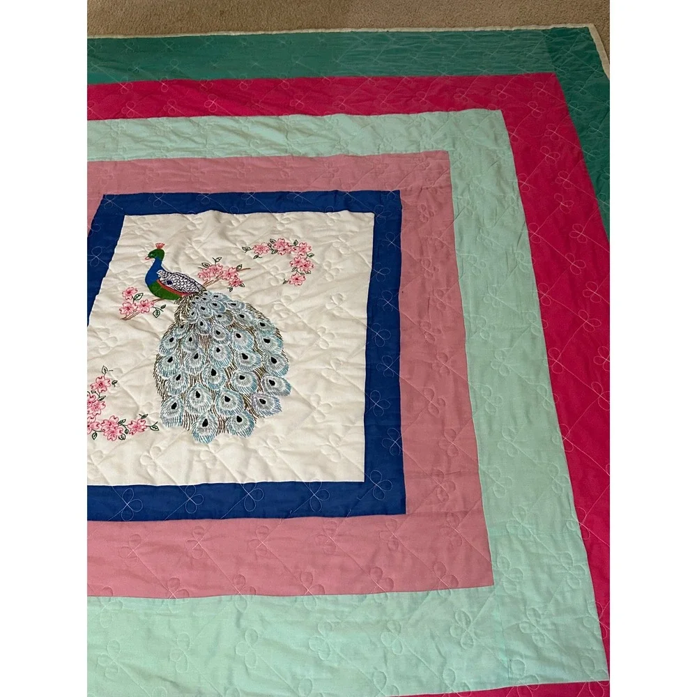 Vintage Peacock Embroidered Quilt Colorful Multi Border Butterfly Stitching